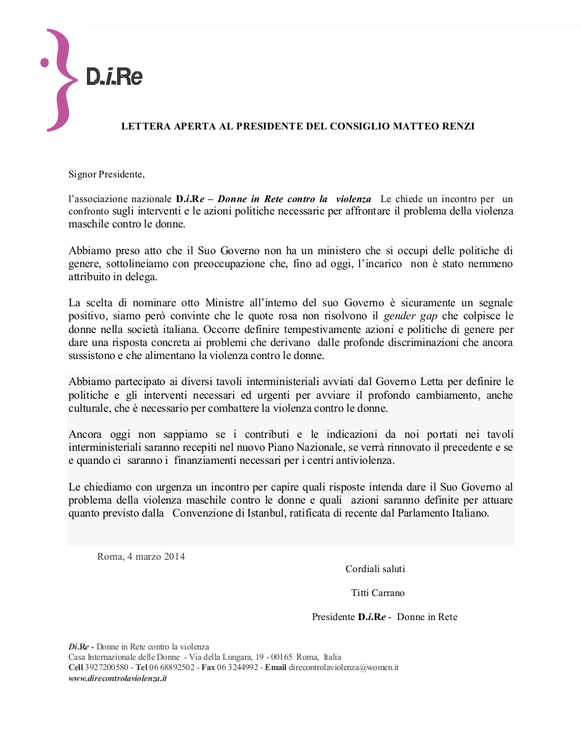 Lettera aperta di D.i.Re al Presidente del Consiglio Matteo Renzi Lettera aperta di D.i.Re al Presidente del Consiglio Matteo Renzi